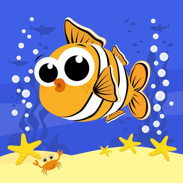 Söt Baby Clownfisk Tecknad Illustration Med Bubblor Och Havet Bakgrund — Stock vektor