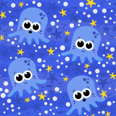 Şirin mavi ahtapot desenli kusursuz bir bebek. Kabarcıklı karikatür çizimleri ve deniz altları. Bebek ve çocuk için tasarım. Döşeme yapılabilir