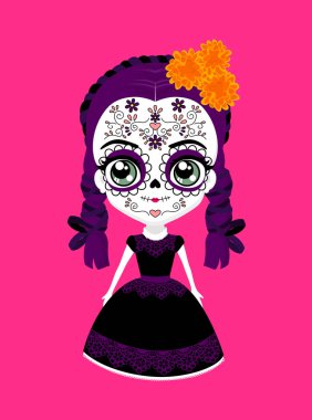 Geleneksel şeker kafatasına sahip şirin Meksika kedisi, dia de muertos kutlaması ve cempasuchil çiçekleri (Aztek kadifesi) telafi eder. Pembe arkaplanda izole