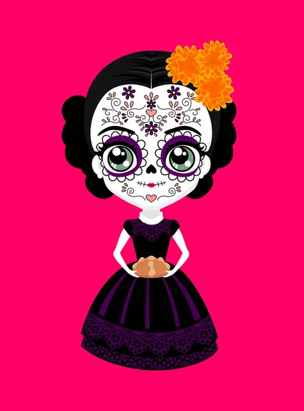 Мила Мексиканська Лялька Катаріна Традиційним Цукровим Черепом Створена Святкування Діадеми — стоковий вектор