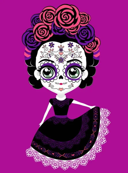 伝統的な砂糖の頭蓋骨を持つかわいいメキシコのカリナ人形は Dia Muertosのお祝いを構成しています 紫色の背景に隔離され — ストックベクタ