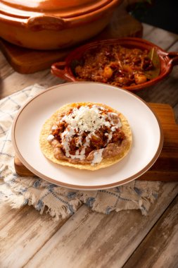 Köfteli tinga tostu, Meksika usulü geleneksel ev yapımı et, öncelikle acı biberli ve bol soğanlı, geleneksel olarak Tostadas 'ta yenir (kızarmış mısır tortillası).).