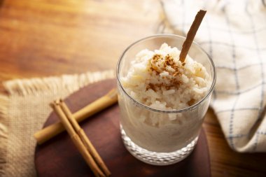 Rice pudding. Sweet dish made by cooking rice in milk and sugar, some recipes include cinnamon, vanilla or other ingredients, it is a very easy dessert to make and very popular all over the world.