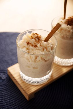 Rice pudding. Sweet dish made by cooking rice in milk and sugar, some recipes include cinnamon, vanilla or other ingredients, it is a very easy dessert to make and very popular all over the world.