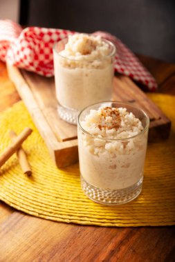 Rice pudding. Sweet dish made by cooking rice in milk and sugar, some recipes include cinnamon, vanilla or other ingredients, it is a very easy dessert to make and very popular all over the world.