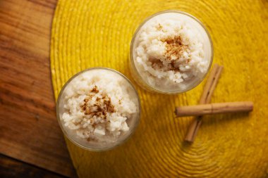 Rice pudding. Sweet dish made by cooking rice in milk and sugar, some recipes include cinnamon, vanilla or other ingredients, it is a very easy dessert to make and very popular all over the world.
