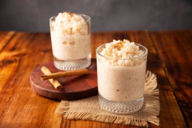 Rice pudding. Sweet dish made by cooking rice in milk and sugar, some recipes include cinnamon, vanilla or other ingredients, it is a very easy dessert to make and very popular all over the world.