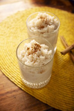 Rice pudding. Sweet dish made by cooking rice in milk and sugar, some recipes include cinnamon, vanilla or other ingredients, it is a very easy dessert to make and very popular all over the world.