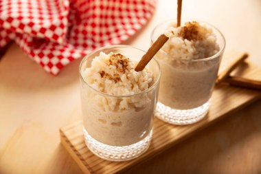 Rice pudding. Sweet dish made by cooking rice in milk and sugar, some recipes include cinnamon, vanilla or other ingredients, it is a very easy dessert to make and very popular all over the world.