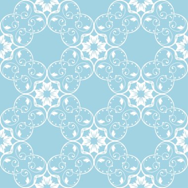 Mavi zemin üzerine beyaz çiçek süsleme. Tekstil ve duvar kağıtları için seamless modeli