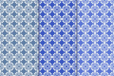 Mavi çiçekli süsler. Duvar kağıtları ve kumaşlar için dikey Dikişsiz desen seti