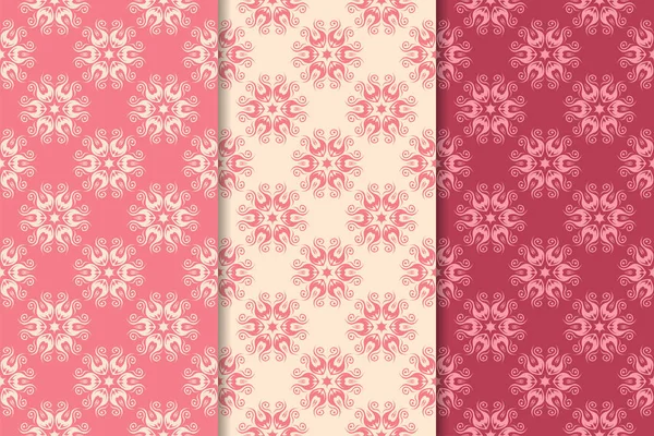 Set Red Floral Ornaments Cherry Pink Vertical Seamless Patterns Wallpaper — Stock Vector