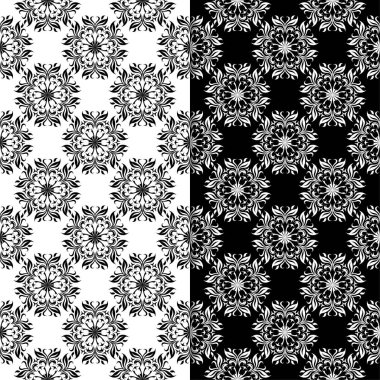 Siyah ve beyaz çiçek arka planlar. Tekstil ve duvar kağıtları için dikişsiz desen seti