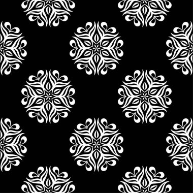 Siyah arka plan üzerine beyaz çiçek süsleme. Tekstil ve duvar kağıtları için seamless modeli