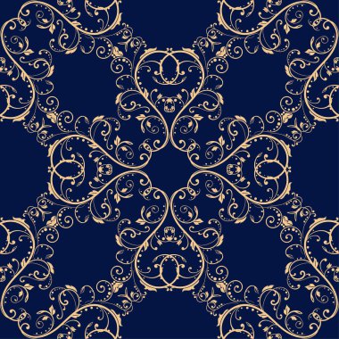 Koyu mavi zemin üzerine altın çiçek süsleme. Tekstil ve duvar kağıtları için seamless modeli