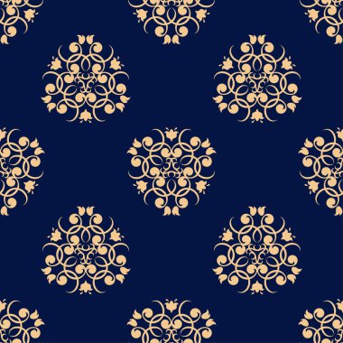 Koyu mavi zemin üzerine altın çiçek tasarım. Tekstil ve duvar kağıtları için seamless modeli