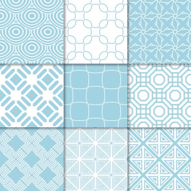 Mavi ve beyaz geometrik süsler. Web, Tekstil ve duvar kağıtları için dikişsiz desen koleksiyonu