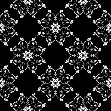 Siyah arka plan üzerine beyaz çiçek tasarım. Tekstil ve duvar kağıtları için seamless modeli