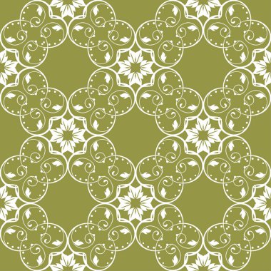 Zeytin yeşil zemin üzerine beyaz çiçek süsleme. Tekstil ve duvar kağıtları için seamless modeli