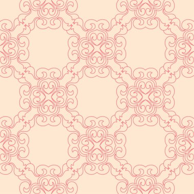 Bej renkli arka plan üzerinde kırmızı çiçekli süs. Tekstil ve duvar kağıtları için seamless modeli