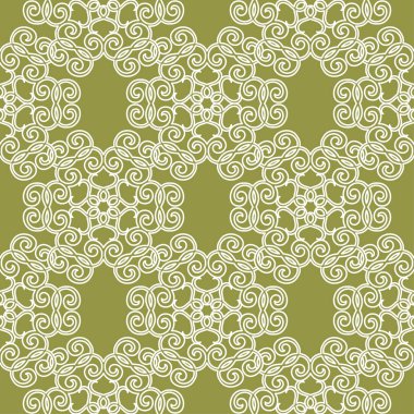 Zeytin yeşil zemin üzerine beyaz çiçek süsleme. Tekstil ve duvar kağıtları için seamless modeli