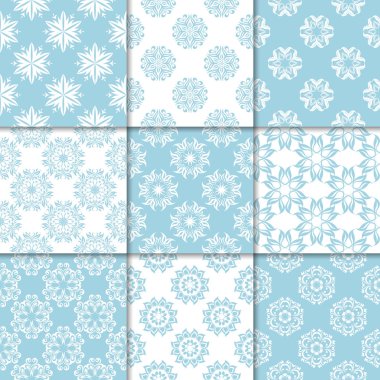 Mavi ve beyaz çiçekli süsler. Kağıt için dikişsiz desen koleksiyonu Tekstil