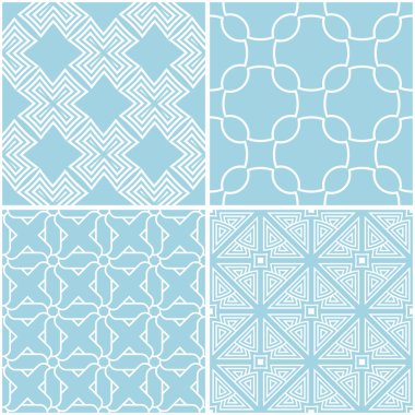 Geometrik desenler. Mavi ve beyaz sorunsuz arka planlar kümesi. Vektör çizim