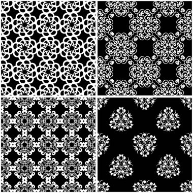 Çiçek desenleri. Siyah beyaz tek renkli kesintisiz arka planlar kümesi. Vektör çizim