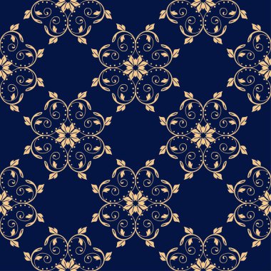 Koyu mavi zemin üzerine altın çiçek tasarım. Tekstil ve duvar kağıtları için seamless modeli