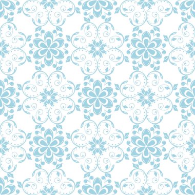 Beyaz zemin üzerine mavi çiçekler. Tekstil ve duvar kağıtları için süs seamless modeli