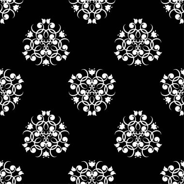 Siyah arka plan üzerine beyaz çiçek tasarım. Tekstil ve duvar kağıtları için seamless modeli
