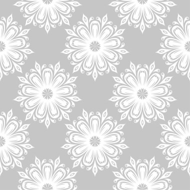 Gri arka plan üzerinde beyaz çiçekler. Tekstil ve duvar kağıtları için süs seamless modeli