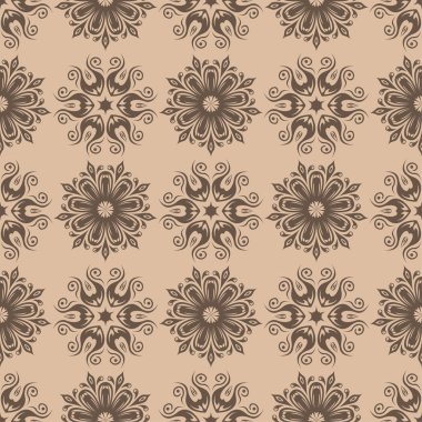 Bej renkli arka plan üzerinde kahverengi çiçek süsleme. Tekstil ve duvar kağıtları için seamless modeli