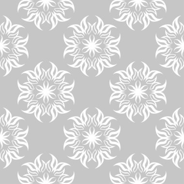 Gri arka plan üzerinde beyaz çiçekler. Tekstil ve duvar kağıtları için süs seamless modeli