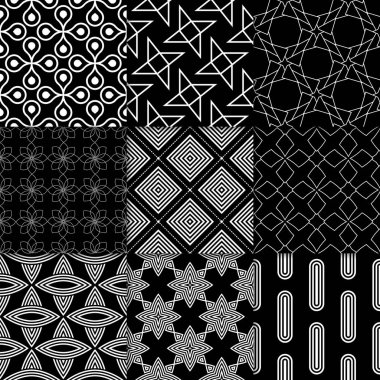 Siyah ve beyaz geometrik süsler. Web, Tekstil ve duvar kağıtları için klasik Dikişsiz desen koleksiyonu