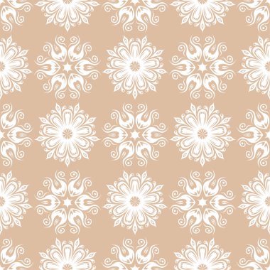 Bej renkli arka plan üzerinde beyaz çiçek süsleme. Tekstil ve duvar kağıtları için seamless modeli