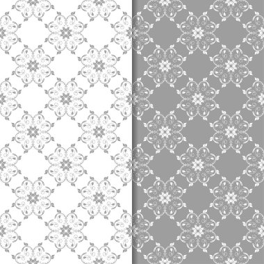 Beyaz ve gri çiçek süs tasarımlar. Tekstil ve duvar kağıtları için dikişsiz desen seti