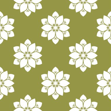 Zeytin yeşil zemin üzerine beyaz çiçek süsleme. Tekstil ve duvar kağıtları için seamless modeli