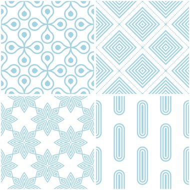 Geometrik desenler. Beyaz mavi öğeleri kümesi. Sorunsuz arka planlar. Vektör çizim