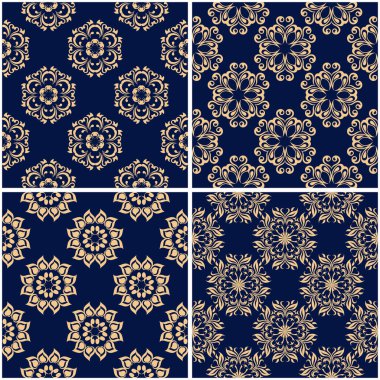 Çiçek desenleri. Altın mavi sorunsuz arka planlar kümesi. Vektör illustraton