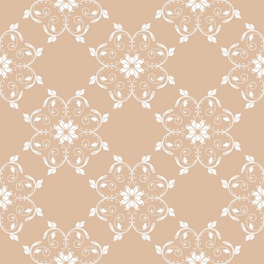Bej renkli arka plan üzerinde beyaz çiçek süs tasarım. Tekstil ve duvar kağıtları için seamless modeli