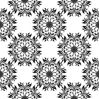 Beyaz arka planda siyah çiçek süsleme. Tekstil ve duvar kağıtları için seamless modeli