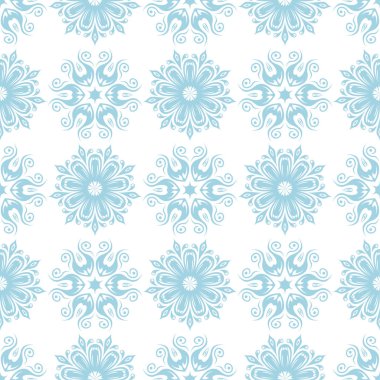 Beyaz zemin üzerine mavi çiçek süsleme. Tekstil ve duvar kağıtları için seamless modeli