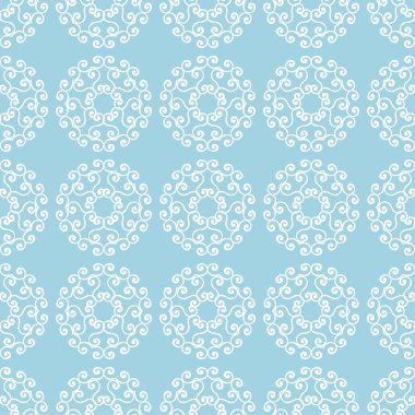 Mavi zemin üzerine beyaz çiçekler. Tekstil ve duvar kağıtları için süs seamless modeli