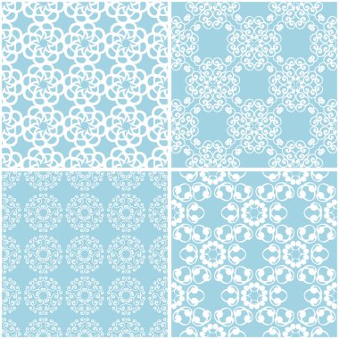 Çiçek desenleri. Mavi ve beyaz sorunsuz arka planlar kümesi. Vektör çizim
