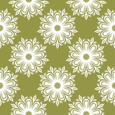 Zeytin yeşil zemin üzerine beyaz çiçekler. Tekstil ve duvar kağıtları için süs seamless modeli