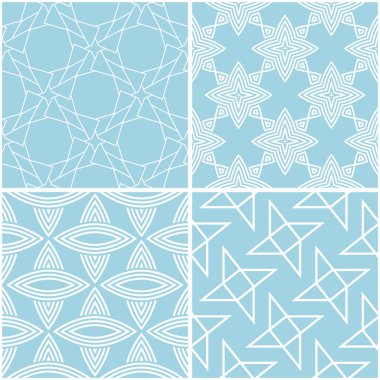 Geometrik desenler. Mavi ve beyaz sorunsuz arka planlar kümesi. Vektör çizim