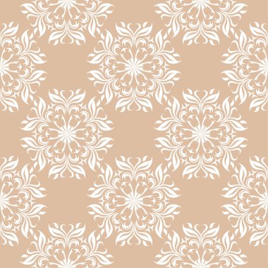 Bej renkli arka plan üzerinde beyaz çiçek süsleme. Tekstil ve duvar kağıtları için seamless modeli