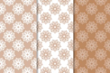 Çiçek süsler kümesi. Kahverengi, bej ve beyaz Dikişsiz desen Tekstil ve duvar kağıtları için