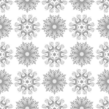 Beyaz arka plan üzerine açık gri çiçek süsleme. Tekstil ve duvar kağıtları için seamless modeli